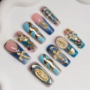 Blue Devotion Blue Gold Cross Charm Press On Nails Luxury Set